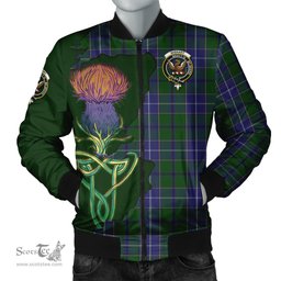 Scottish Wishart Hunting Tartan Family Crest with Thistle and Scotland Map Tartan Plaid Bomber Jacket Scottish Plaid Tartan Plaid - ScotsTee - scotstee.com