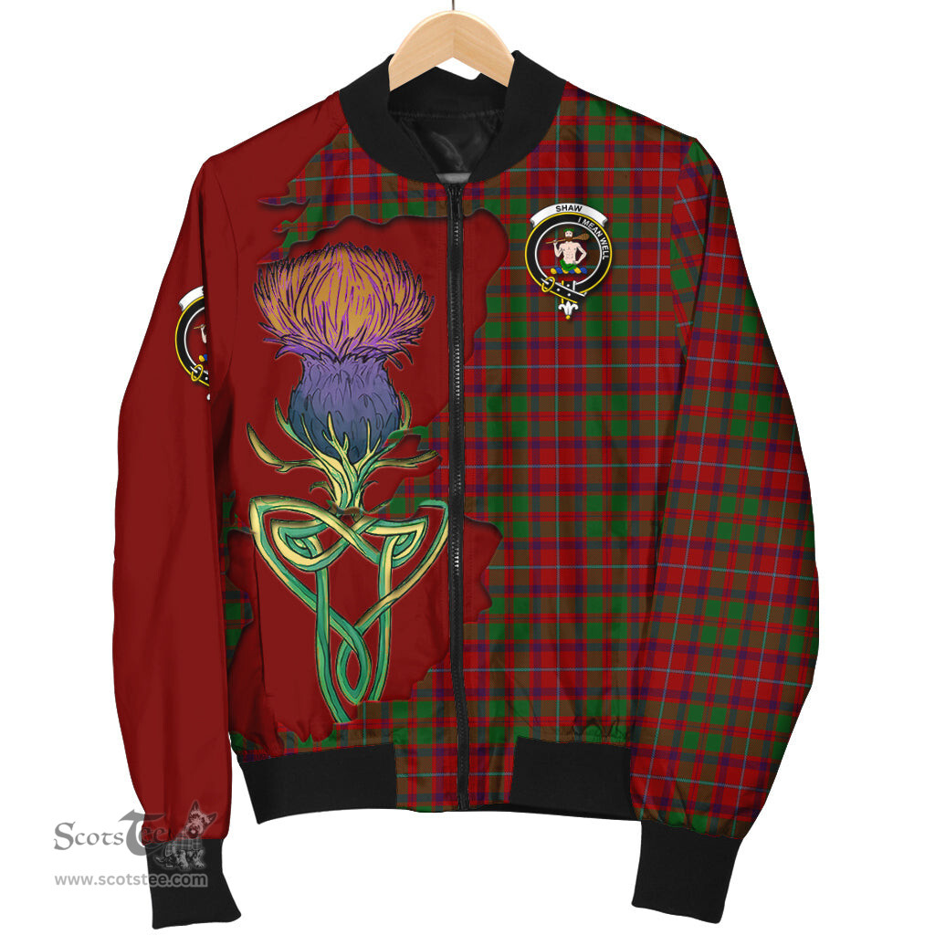Scottish Shaw of Tordarroch Red Dress Tartan Family Crest with Thistle and Scotland Map Tartan Plaid Bomber Jacket Scottish Plaid Tartan Plaid - ScotsTee - scotstee.com