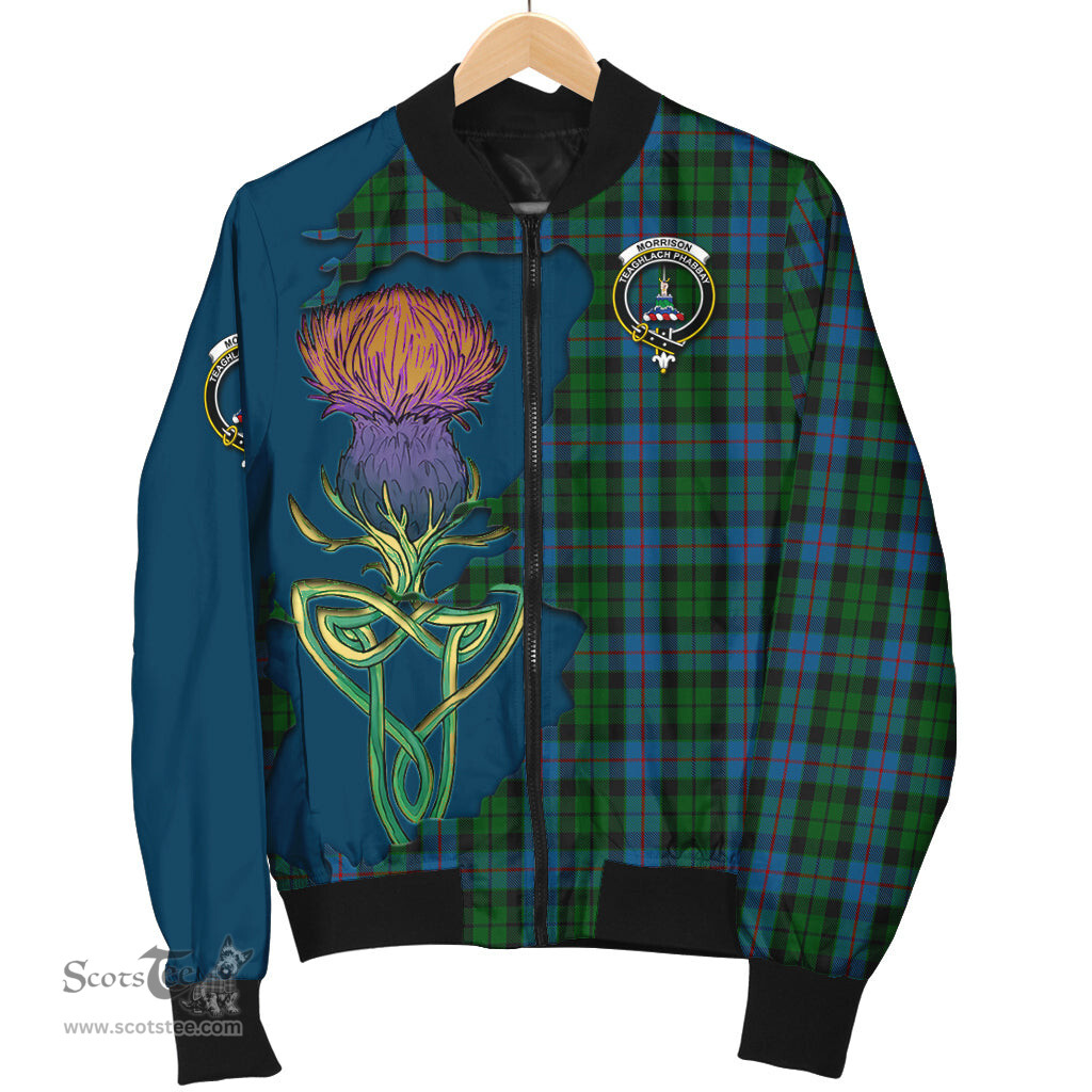 Scottish Morrison Society Tartan Family Crest with Thistle and Scotland Map Tartan Plaid Bomber Jacket Scottish Plaid Tartan Plaid - ScotsTee - scotstee.com