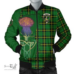 Scottish Wallace Hunting Green Tartan Family Crest with Thistle and Scotland Map Tartan Plaid Bomber Jacket Scottish Plaid Tartan Plaid - ScotsTee - scotstee.com