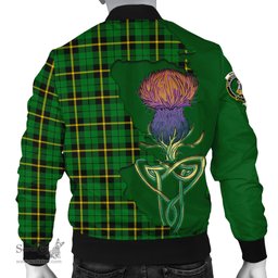 Scottish Wallace Hunting Green Tartan Family Crest with Thistle and Scotland Map Tartan Plaid Bomber Jacket Scottish Plaid Tartan Plaid - ScotsTee - scotstee.com