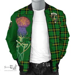 Scottish Wallace Hunting Green Tartan Family Crest with Thistle and Scotland Map Tartan Plaid Bomber Jacket Scottish Plaid Tartan Plaid - ScotsTee - scotstee.com