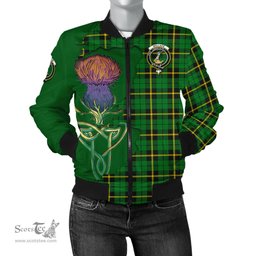 Scottish Wallace Hunting Green Tartan Family Crest with Thistle and Scotland Map Tartan Plaid Bomber Jacket Scottish Plaid Tartan Plaid - ScotsTee - scotstee.com