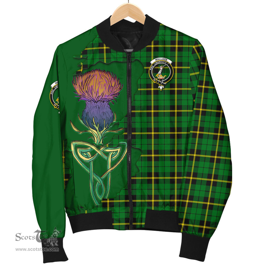 Scottish Wallace Hunting Green Tartan Family Crest with Thistle and Scotland Map Tartan Plaid Bomber Jacket Scottish Plaid Tartan Plaid - ScotsTee - scotstee.com