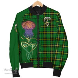Scottish Wallace Hunting Green Tartan Family Crest with Thistle and Scotland Map Tartan Plaid Bomber Jacket Scottish Plaid Tartan Plaid - ScotsTee - scotstee.com