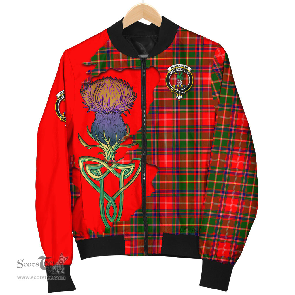 Scottish Somerville Modern Tartan Family Crest with Thistle and Scotland Map Tartan Plaid Bomber Jacket Scottish Plaid Tartan Plaid - ScotsTee - scotstee.com