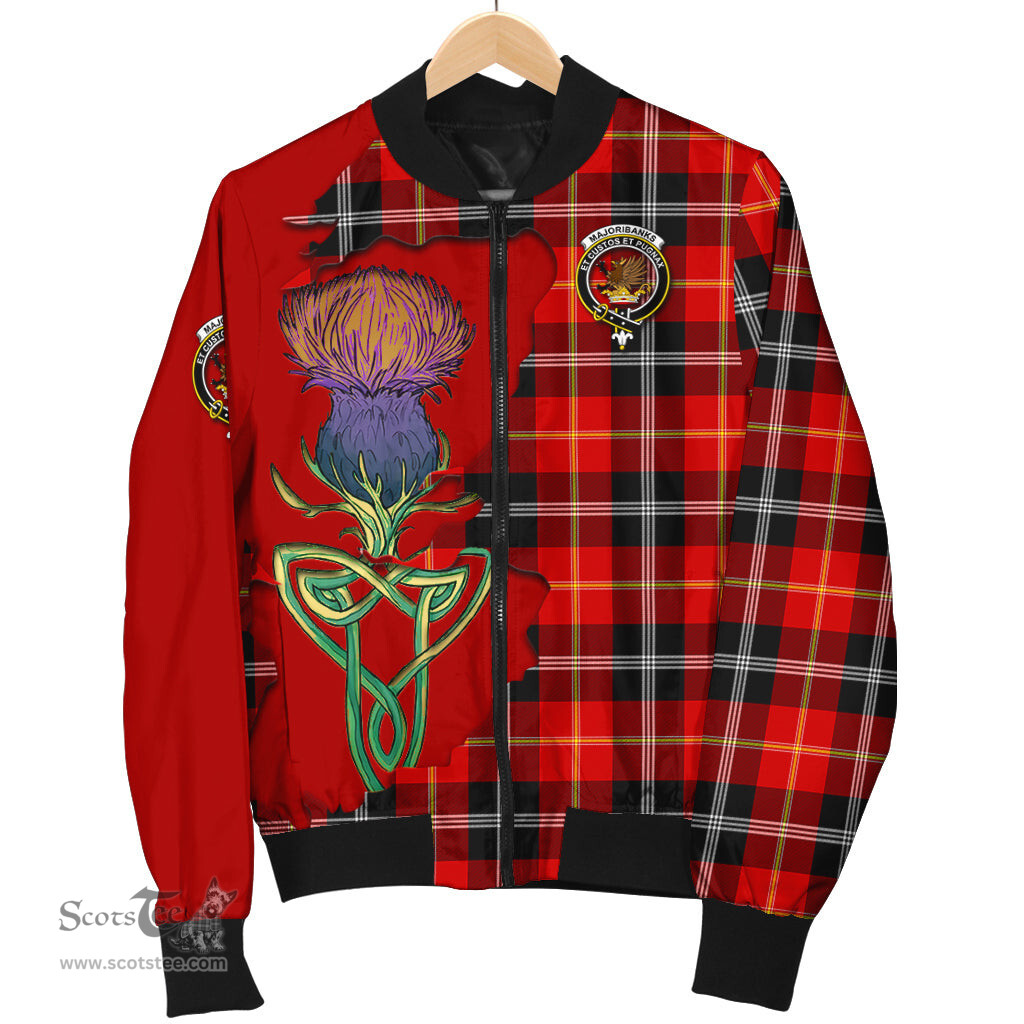 Scottish Majoribanks Tartan Family Crest with Thistle and Scotland Map Tartan Plaid Bomber Jacket Scottish Plaid Tartan Plaid - ScotsTee - scotstee.com