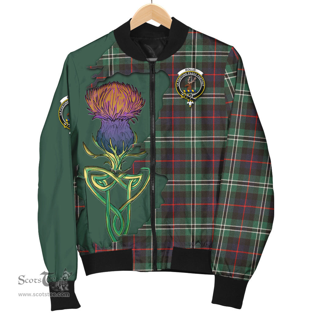 Scottish Rollo Hunting Tartan Family Crest with Thistle and Scotland Map Tartan Plaid Bomber Jacket Scottish Plaid Tartan Plaid - ScotsTee - scotstee.com