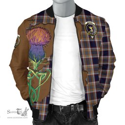 Scottish Stewart Navy Tartan Family Crest with Thistle and Scotland Map Tartan Plaid Bomber Jacket Scottish Plaid Tartan Plaid - ScotsTee - scotstee.com