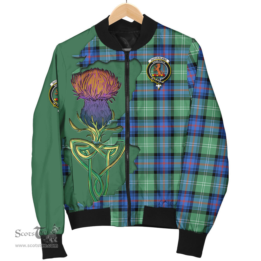 Scottish Sutherland Ancient Tartan Family Crest with Thistle and Scotland Map Tartan Plaid Bomber Jacket Scottish Plaid Tartan Plaid - ScotsTee - scotstee.com