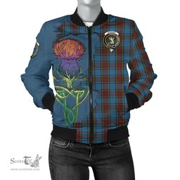 Scottish Stewart Royal Blue Tartan Family Crest with Thistle and Scotland Map Tartan Plaid Bomber Jacket Scottish Plaid Tartan Plaid - ScotsTee - scotstee.com
