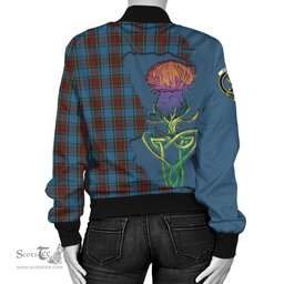 Scottish Stewart Royal Blue Tartan Family Crest with Thistle and Scotland Map Tartan Plaid Bomber Jacket Scottish Plaid Tartan Plaid - ScotsTee - scotstee.com