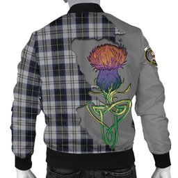 Scottish Menzies Black Dress Tartan Family Crest with Thistle and Scotland Map Tartan Plaid Bomber Jacket Scottish Plaid Tartan Plaid - ScotsTee - scotstee.com