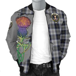 Scottish Menzies Black Dress Tartan Family Crest with Thistle and Scotland Map Tartan Plaid Bomber Jacket Scottish Plaid Tartan Plaid - ScotsTee - scotstee.com