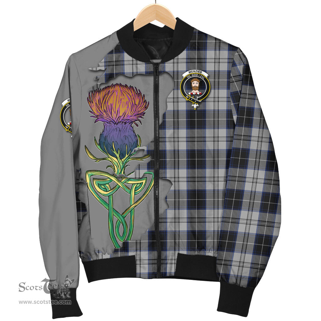 Scottish Menzies Black Dress Tartan Family Crest with Thistle and Scotland Map Tartan Plaid Bomber Jacket Scottish Plaid Tartan Plaid - ScotsTee - scotstee.com