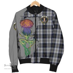 Scottish Menzies Black Dress Tartan Family Crest with Thistle and Scotland Map Tartan Plaid Bomber Jacket Scottish Plaid Tartan Plaid - ScotsTee - scotstee.com