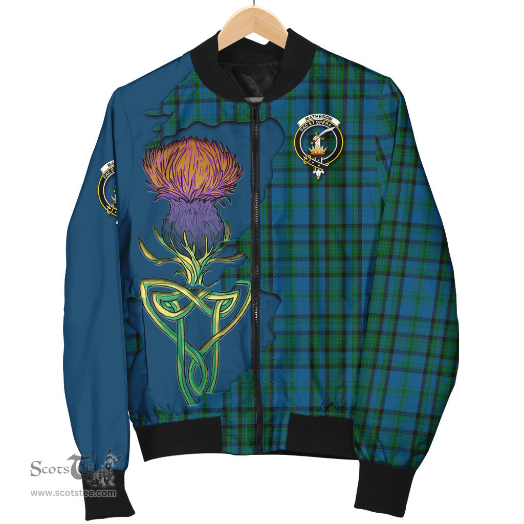 Scottish Matheson Hunting Tartan Family Crest with Thistle and Scotland Map Tartan Plaid Bomber Jacket Scottish Plaid Tartan Plaid - ScotsTee - scotstee.com