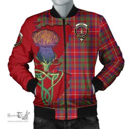 Scottish Shaw Red Modern Tartan Family Crest with Thistle and Scotland Map Tartan Plaid Bomber Jacket Scottish Plaid Tartan Plaid - ScotsTee - scotstee.com