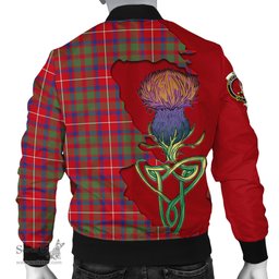 Scottish Shaw Red Modern Tartan Family Crest with Thistle and Scotland Map Tartan Plaid Bomber Jacket Scottish Plaid Tartan Plaid - ScotsTee - scotstee.com