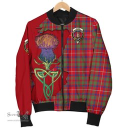 Scottish Shaw Red Modern Tartan Family Crest with Thistle and Scotland Map Tartan Plaid Bomber Jacket Scottish Plaid Tartan Plaid - ScotsTee - scotstee.com