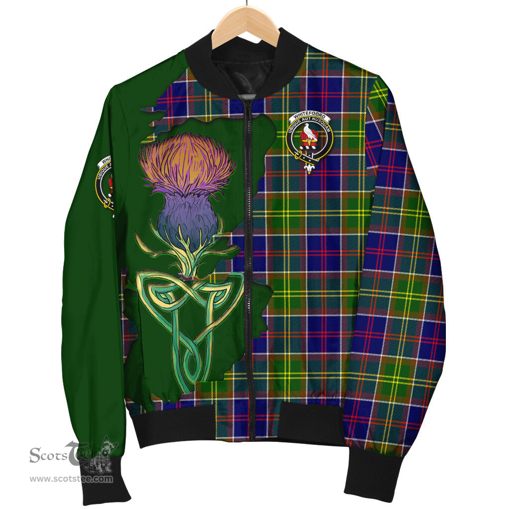 Scottish Whitefoord Modern Tartan Family Crest with Thistle and Scotland Map Tartan Plaid Bomber Jacket Scottish Plaid Tartan Plaid - ScotsTee - scotstee.com