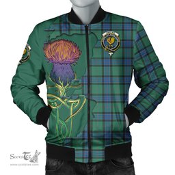 Scottish Sinclair Hunting Ancient Tartan Family Crest with Thistle and Scotland Map Tartan Plaid Bomber Jacket Scottish Plaid Tartan Plaid - ScotsTee - scotstee.com