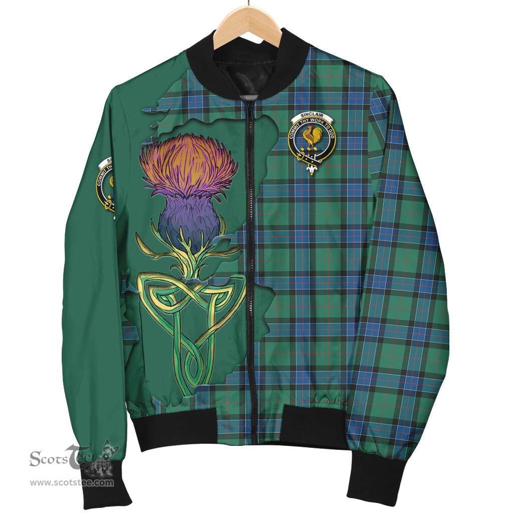 Scottish Sinclair Hunting Ancient Tartan Family Crest with Thistle and Scotland Map Tartan Plaid Bomber Jacket Scottish Plaid Tartan Plaid - ScotsTee - scotstee.com