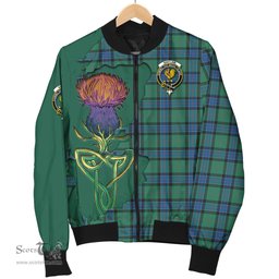 Scottish Sinclair Hunting Ancient Tartan Family Crest with Thistle and Scotland Map Tartan Plaid Bomber Jacket Scottish Plaid Tartan Plaid - ScotsTee - scotstee.com