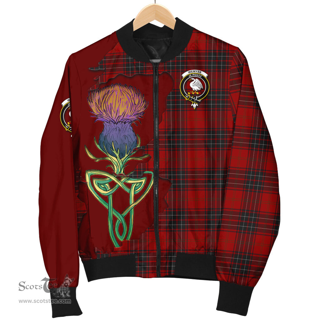 Scottish Wemyss Tartan Family Crest with Thistle and Scotland Map Tartan Plaid Bomber Jacket Scottish Plaid Tartan Plaid - ScotsTee - scotstee.com