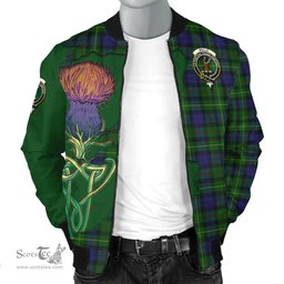 Scottish Rollo Tartan Family Crest with Thistle and Scotland Map Tartan Plaid Bomber Jacket Scottish Plaid Tartan Plaid - ScotsTee - scotstee.com