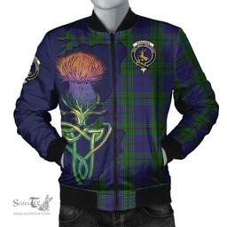 Scottish Strachan Tartan Family Crest with Thistle and Scotland Map Tartan Plaid Bomber Jacket Scottish Plaid Tartan Plaid - ScotsTee - scotstee.com