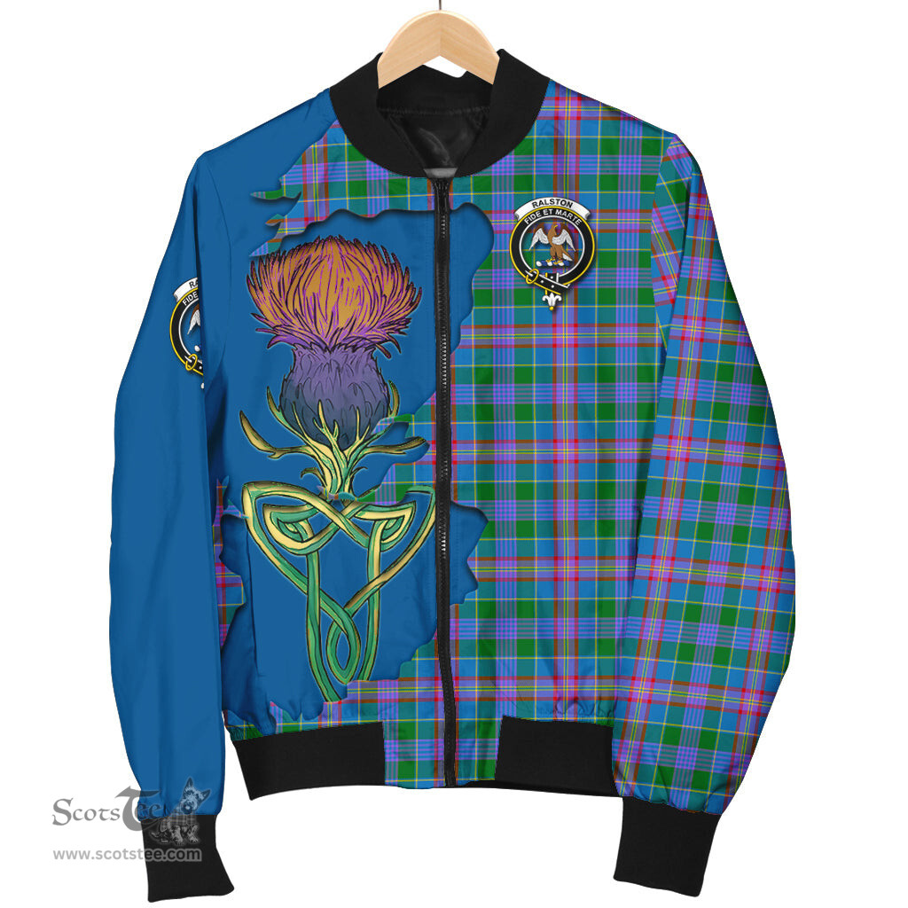 Scottish Ralston Tartan Family Crest with Thistle and Scotland Map Tartan Plaid Bomber Jacket Scottish Plaid Tartan Plaid - ScotsTee - scotstee.com