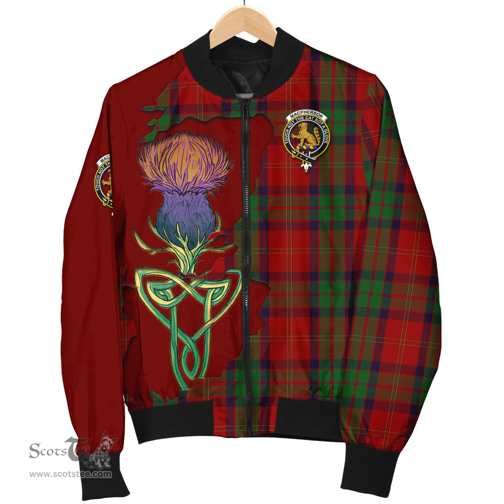 Scottish MacPherson of Cluny Tartan Family Crest with Thistle and Scotland Map Tartan Plaid Bomber Jacket Scottish Plaid Tartan Plaid - ScotsTee - scotstee.com