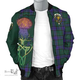 Scottish Sinclair Hunting Modern Tartan Family Crest with Thistle and Scotland Map Tartan Plaid Bomber Jacket Scottish Plaid Tartan Plaid - ScotsTee - scotstee.com
