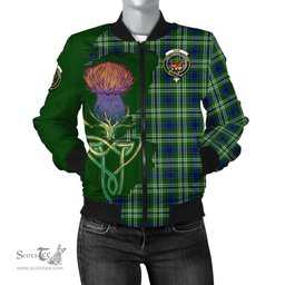 Scottish Mow Tartan Family Crest with Thistle and Scotland Map Tartan Plaid Bomber Jacket Scottish Plaid Tartan Plaid - ScotsTee - scotstee.com