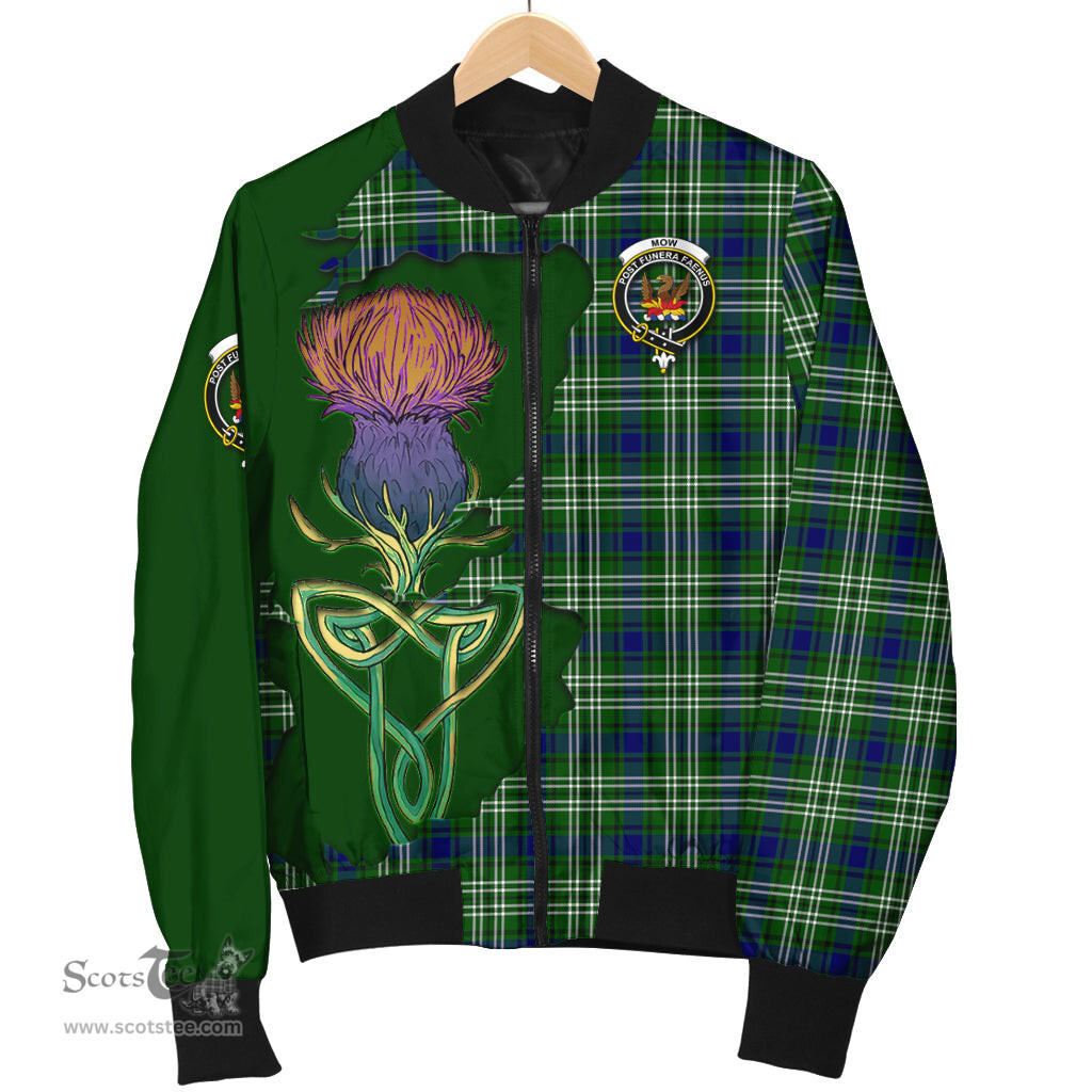 Scottish Mow Tartan Family Crest with Thistle and Scotland Map Tartan Plaid Bomber Jacket Scottish Plaid Tartan Plaid - ScotsTee - scotstee.com