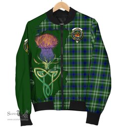 Scottish Mow Tartan Family Crest with Thistle and Scotland Map Tartan Plaid Bomber Jacket Scottish Plaid Tartan Plaid - ScotsTee - scotstee.com