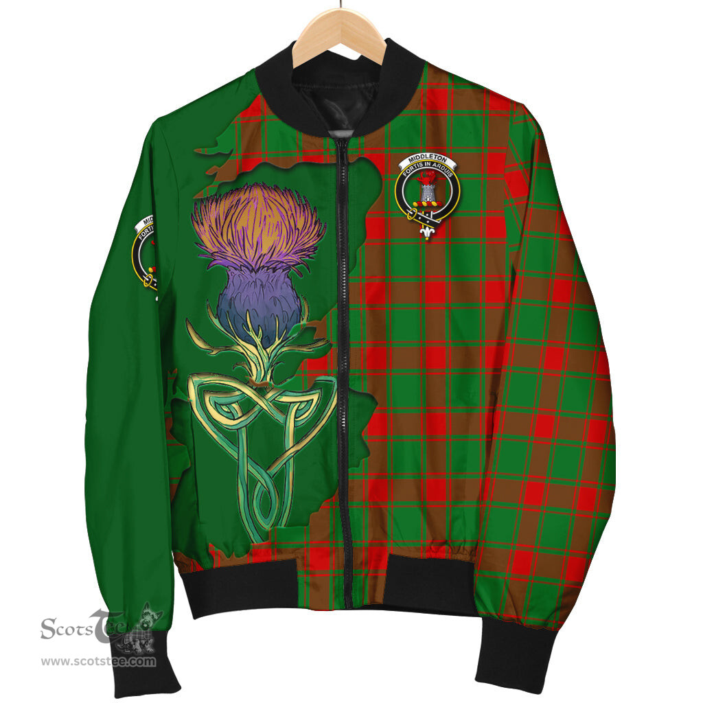 Scottish Middleton Modern Tartan Family Crest with Thistle and Scotland Map Tartan Plaid Bomber Jacket Scottish Plaid Tartan Plaid - ScotsTee - scotstee.com