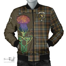 Scottish Stewart Hunting Weathered Tartan Family Crest with Thistle and Scotland Map Tartan Plaid Bomber Jacket Scottish Plaid Tartan Plaid - ScotsTee - scotstee.com