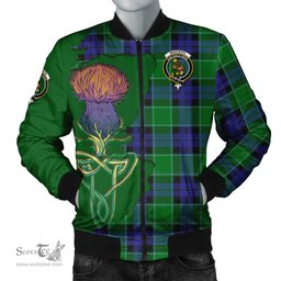 Scottish Monteith Tartan Family Crest with Thistle and Scotland Map Tartan Plaid Bomber Jacket Scottish Plaid Tartan Plaid - ScotsTee - scotstee.com