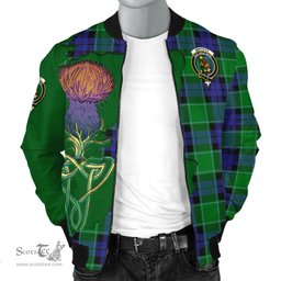 Scottish Monteith Tartan Family Crest with Thistle and Scotland Map Tartan Plaid Bomber Jacket Scottish Plaid Tartan Plaid - ScotsTee - scotstee.com