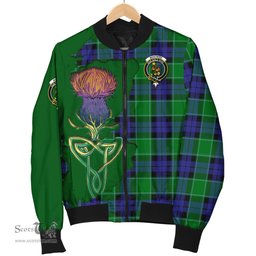 Scottish Monteith Tartan Family Crest with Thistle and Scotland Map Tartan Plaid Bomber Jacket Scottish Plaid Tartan Plaid - ScotsTee - scotstee.com
