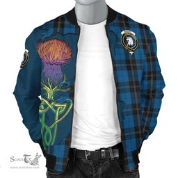 Scottish Ramsay Blue Hunting Tartan Family Crest with Thistle and Scotland Map Tartan Plaid Bomber Jacket Scottish Plaid Tartan Plaid - ScotsTee - scotstee.com