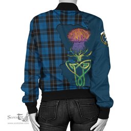 Scottish Ramsay Blue Hunting Tartan Family Crest with Thistle and Scotland Map Tartan Plaid Bomber Jacket Scottish Plaid Tartan Plaid - ScotsTee - scotstee.com