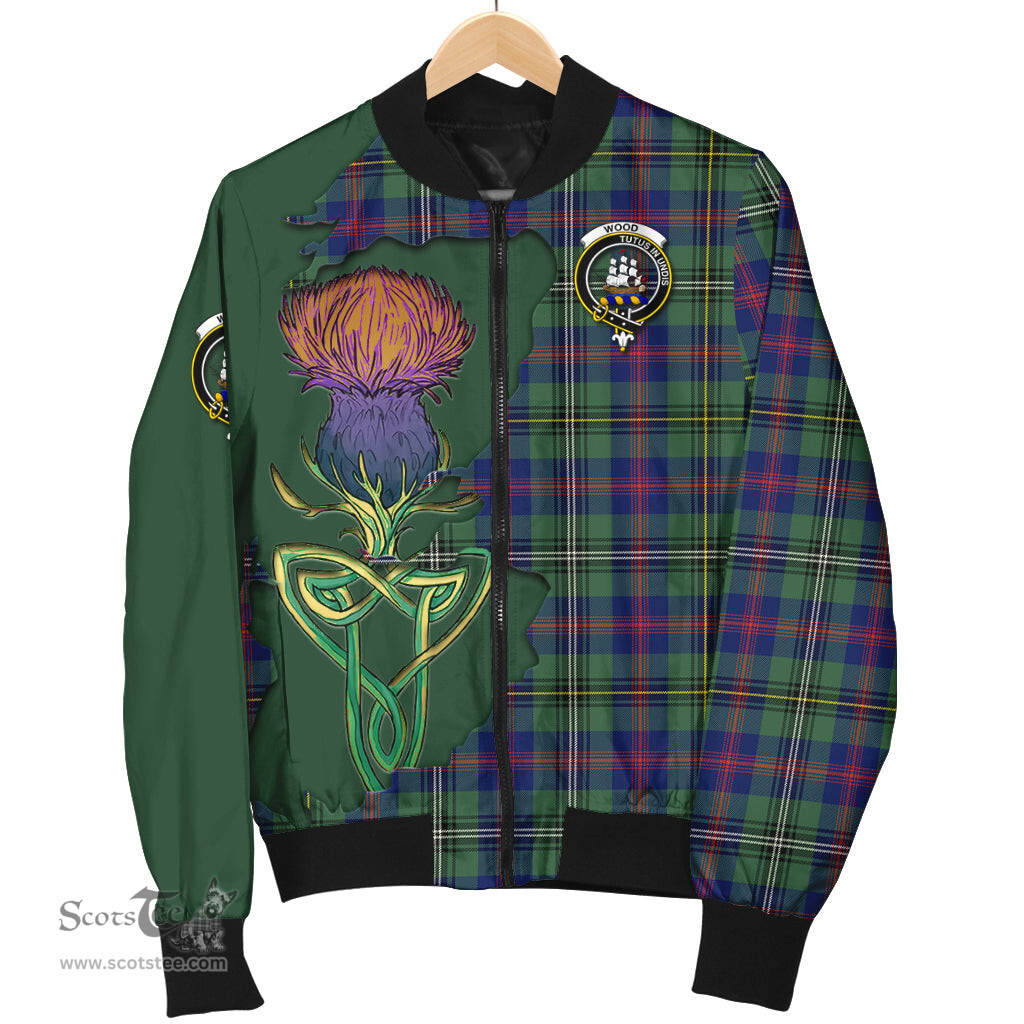 Scottish Wood Modern Tartan Family Crest with Thistle and Scotland Map Tartan Plaid Bomber Jacket Scottish Plaid Tartan Plaid - ScotsTee - scotstee.com