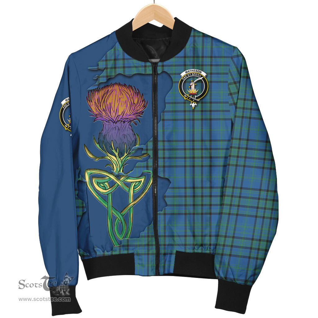 Scottish Matheson Hunting Ancient Tartan Family Crest with Thistle and Scotland Map Tartan Plaid Bomber Jacket Scottish Plaid Tartan Plaid - ScotsTee - scotstee.com