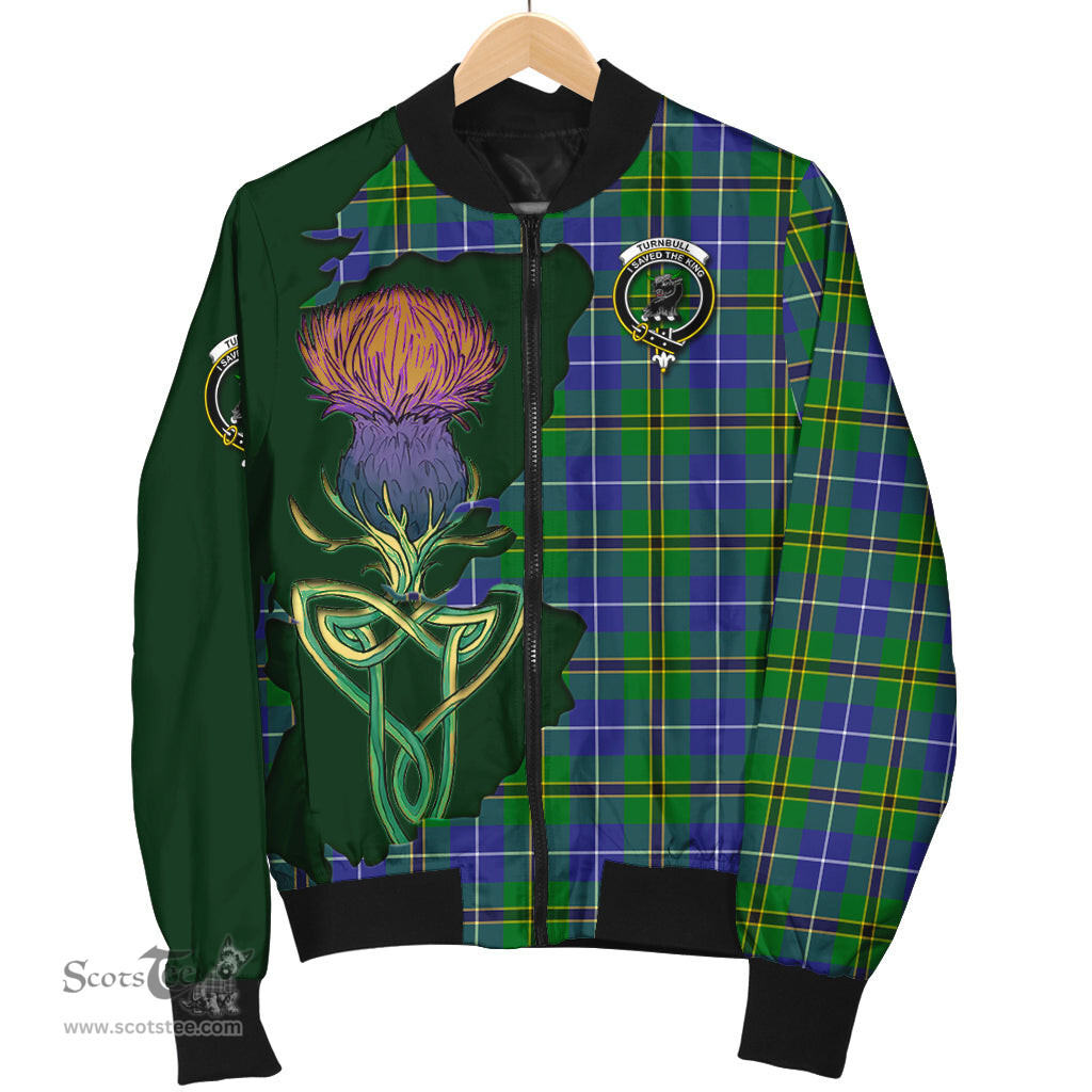 Scottish Turnbull Hunting Tartan Family Crest with Thistle and Scotland Map Tartan Plaid Bomber Jacket Scottish Plaid Tartan Plaid - ScotsTee - scotstee.com
