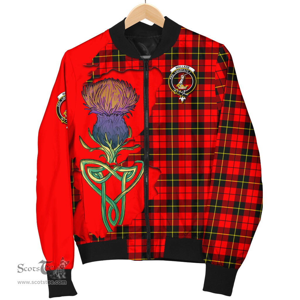 Scottish Wallace Hunting Red Tartan Family Crest with Thistle and Scotland Map Tartan Plaid Bomber Jacket Scottish Plaid Tartan Plaid - ScotsTee - scotstee.com