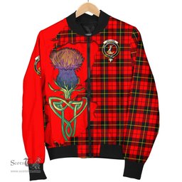 Scottish Wallace Hunting Red Tartan Family Crest with Thistle and Scotland Map Tartan Plaid Bomber Jacket Scottish Plaid Tartan Plaid - ScotsTee - scotstee.com