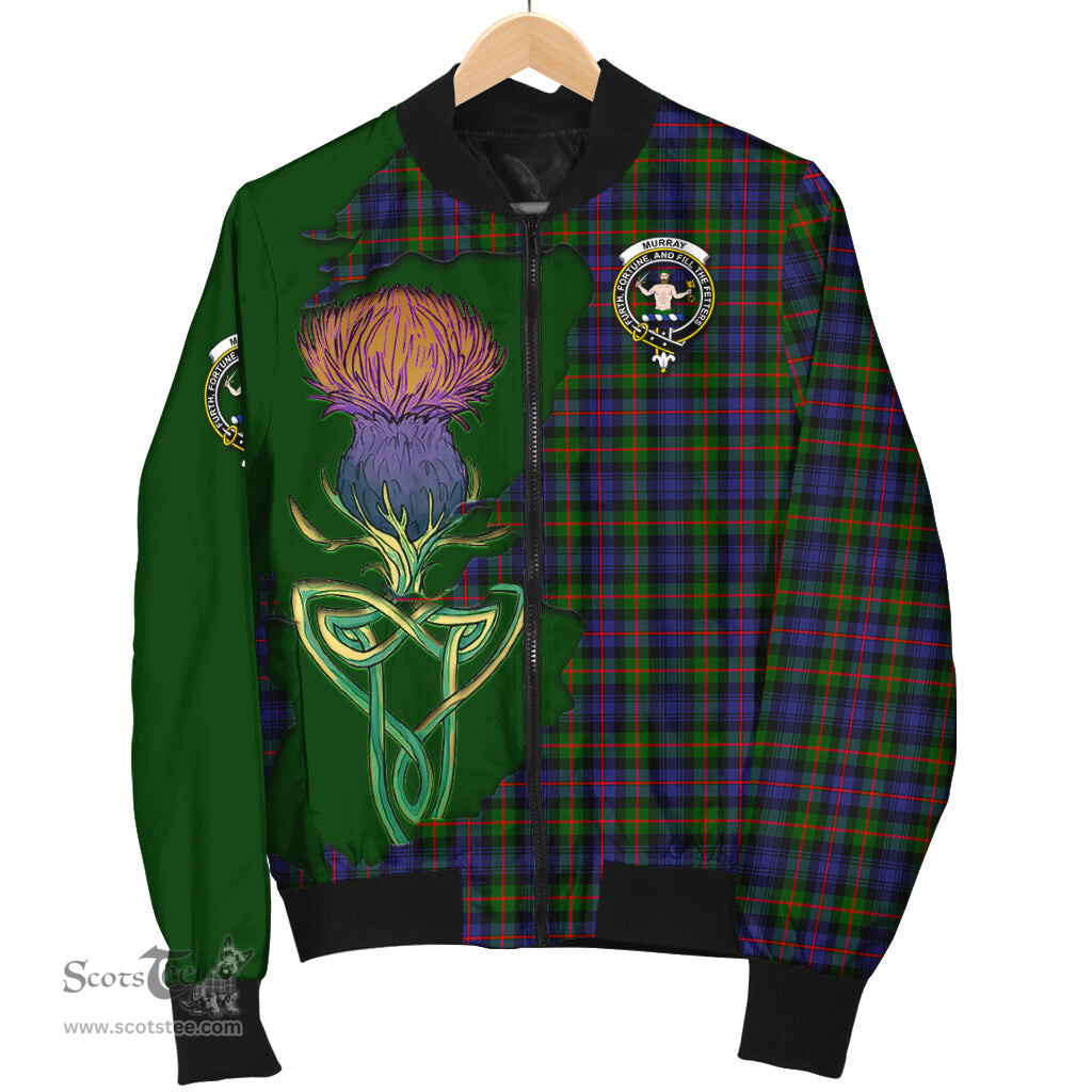 Scottish Murray of Atholl Modern Tartan Family Crest with Thistle and Scotland Map Tartan Plaid Bomber Jacket Scottish Plaid Tartan Plaid - ScotsTee - scotstee.com